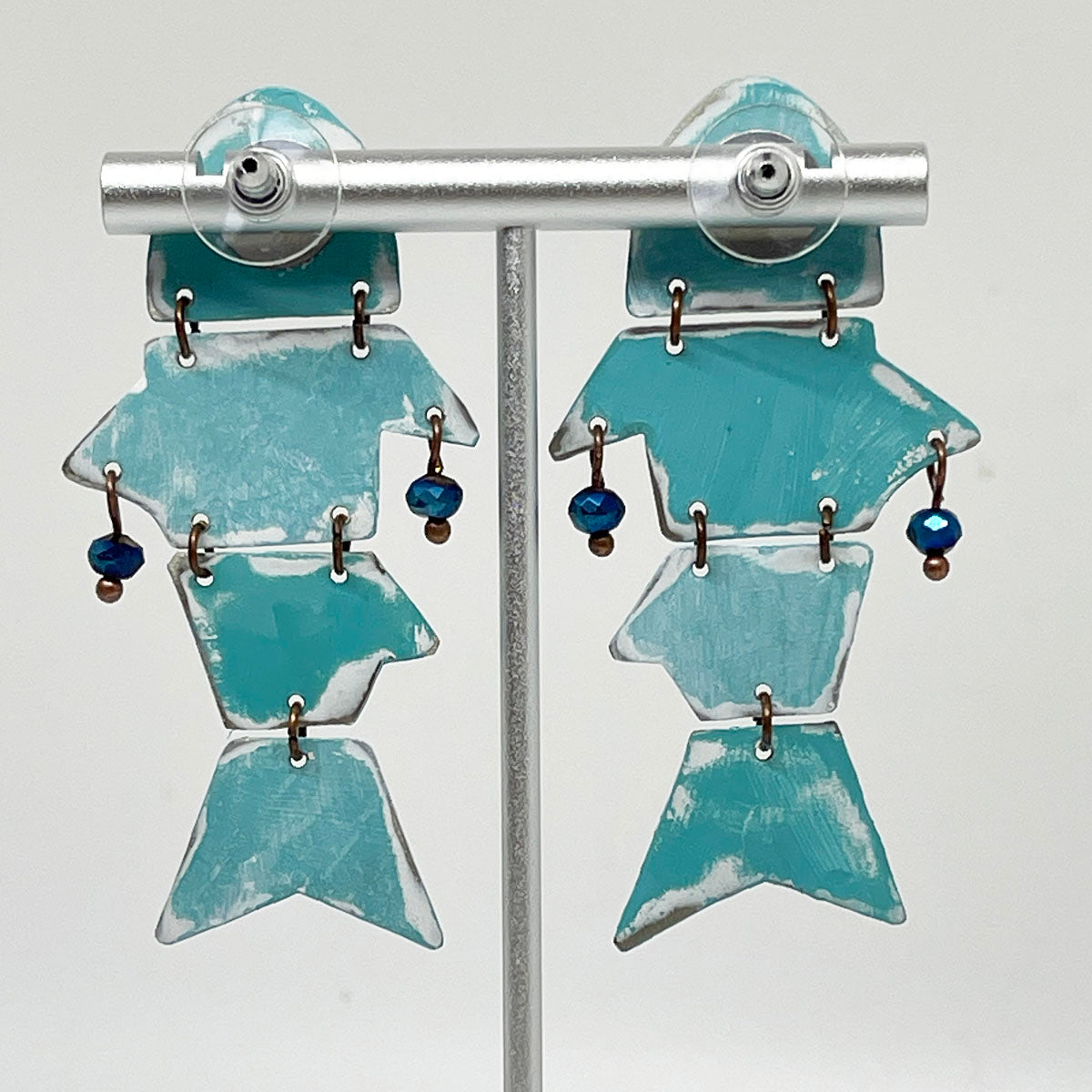 Blue Fish Theme Dangle Earrings, Recycled Tin, "Big Fish"