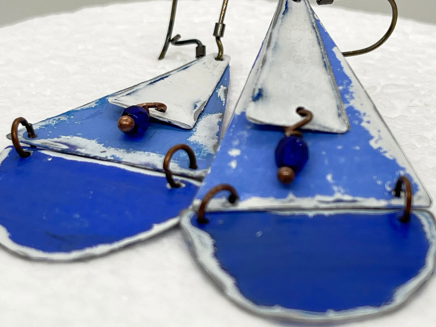 Blue and White Dangle Earrings, Recycled Tin, "Blue On Blue"