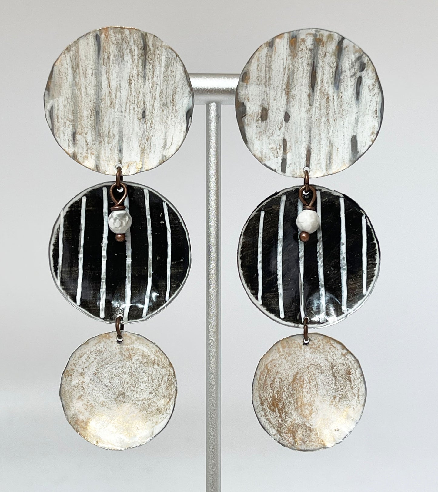 Black & White Cascading Circles Dangle Earrings w/ Posts, Recycled Tin, "Moonlit Night"