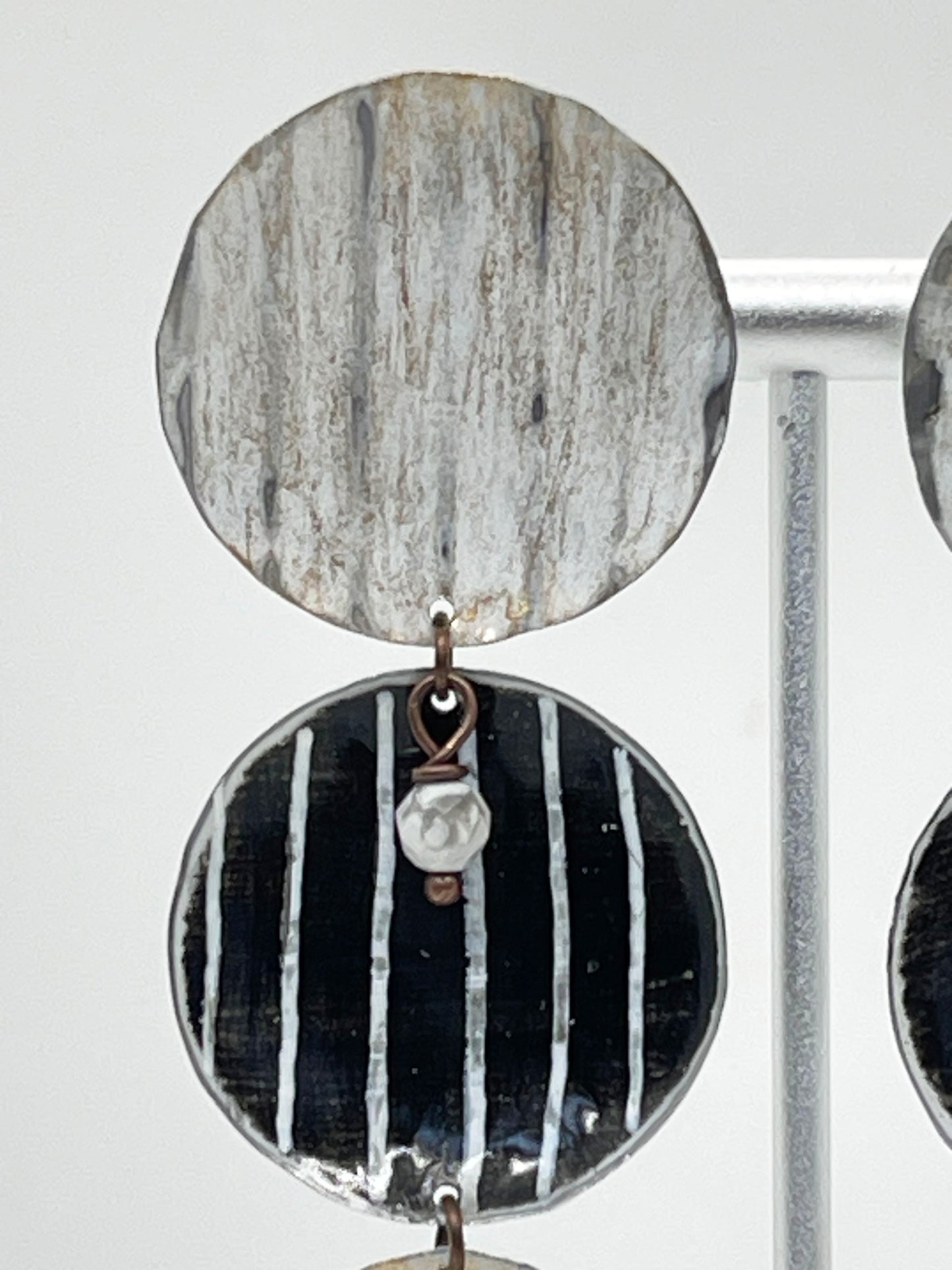 Black & White Cascading Circles Dangle Earrings w/ Posts, Recycled Tin, "Moonlit Night"
