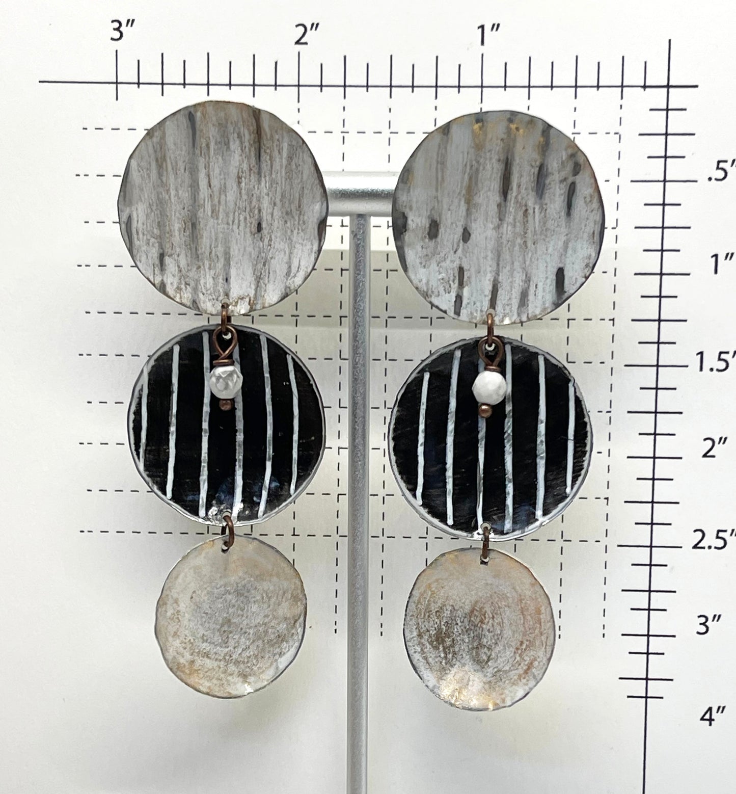 Black & White Cascading Circles Dangle Earrings w/ Posts, Recycled Tin, "Moonlit Night"