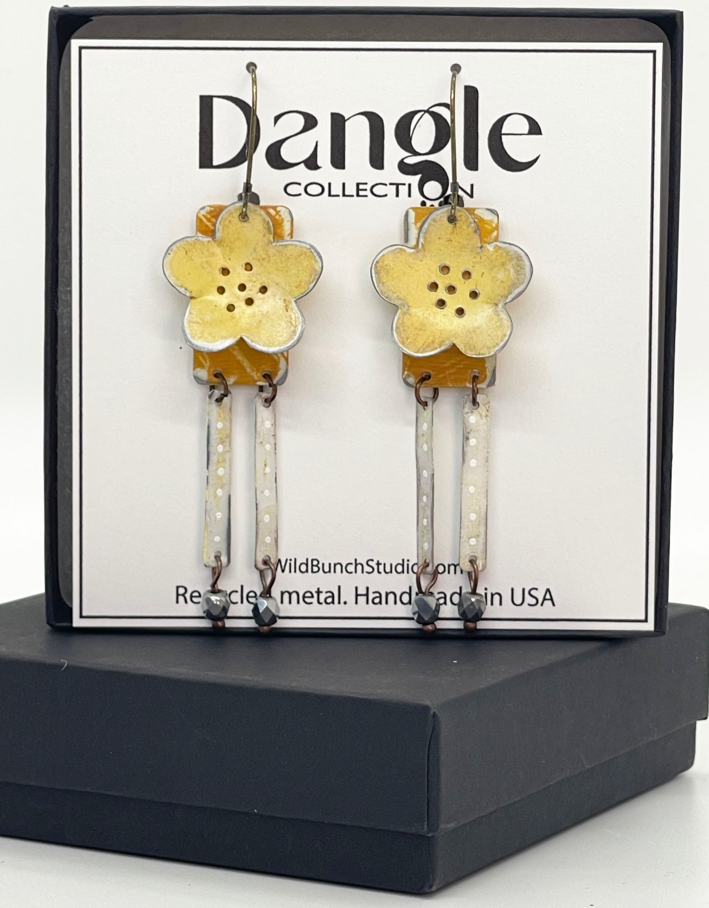 Yellow Flower Dangle Earrings, Recycled Tin, "What's Up Buttercup"