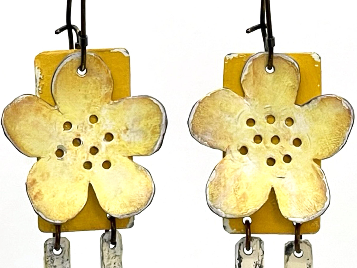 Yellow Flower Dangle Earrings, Recycled Tin, "What's Up Buttercup"