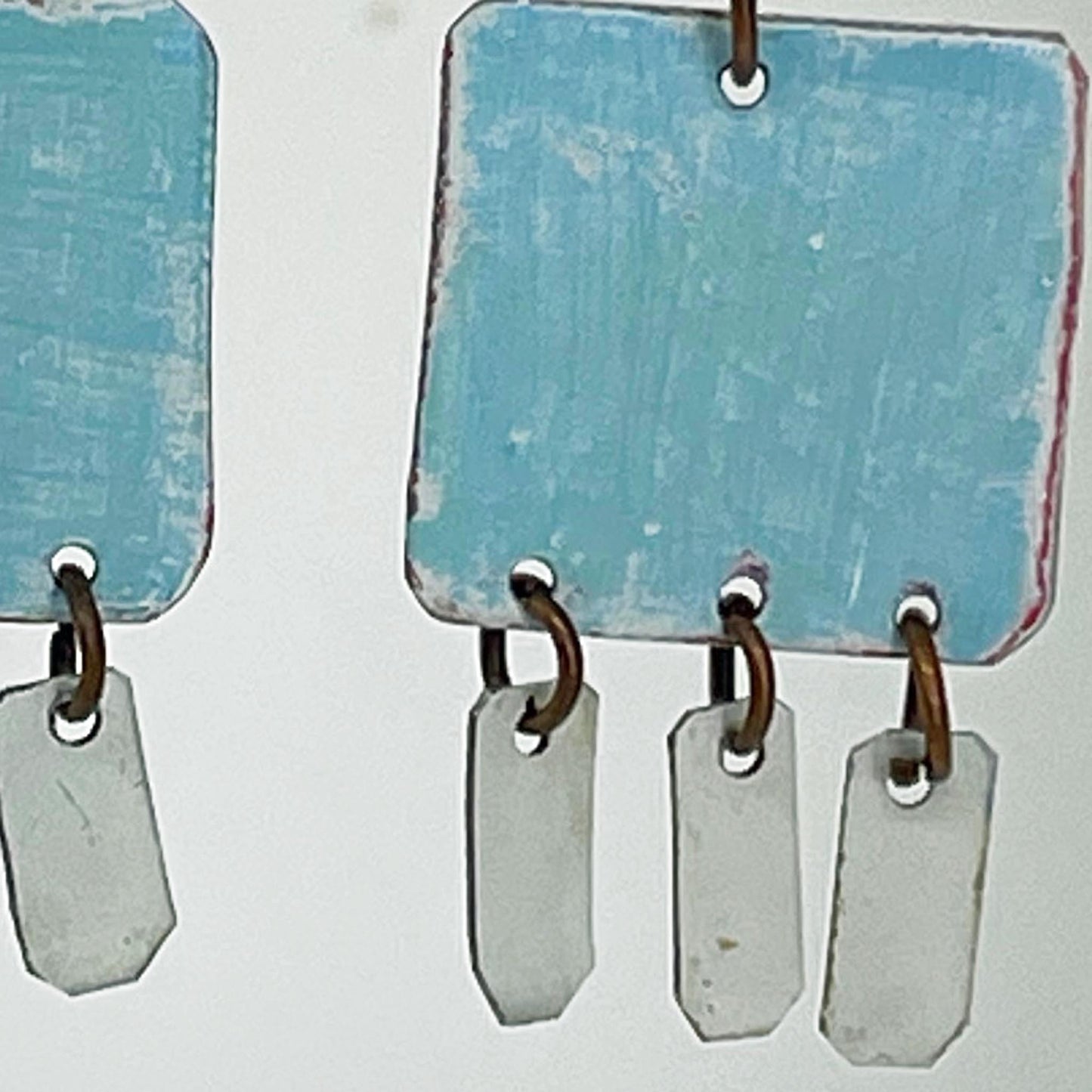 Green and Blue Circle and Square Dangle Earrings, Recycled Tin, "Whisper to Me"