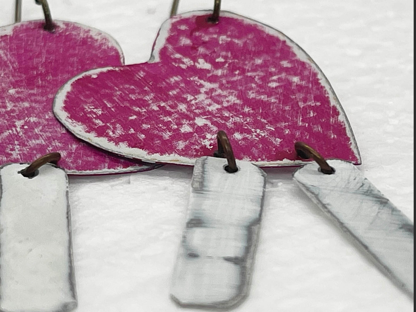Heart Shaped Dangle Earrings, Recycled Tin, "I Love"