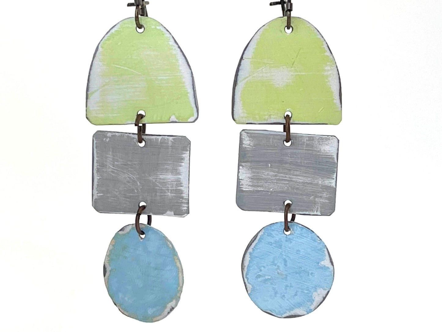 pale blue and gree dangle earrings recycled tin