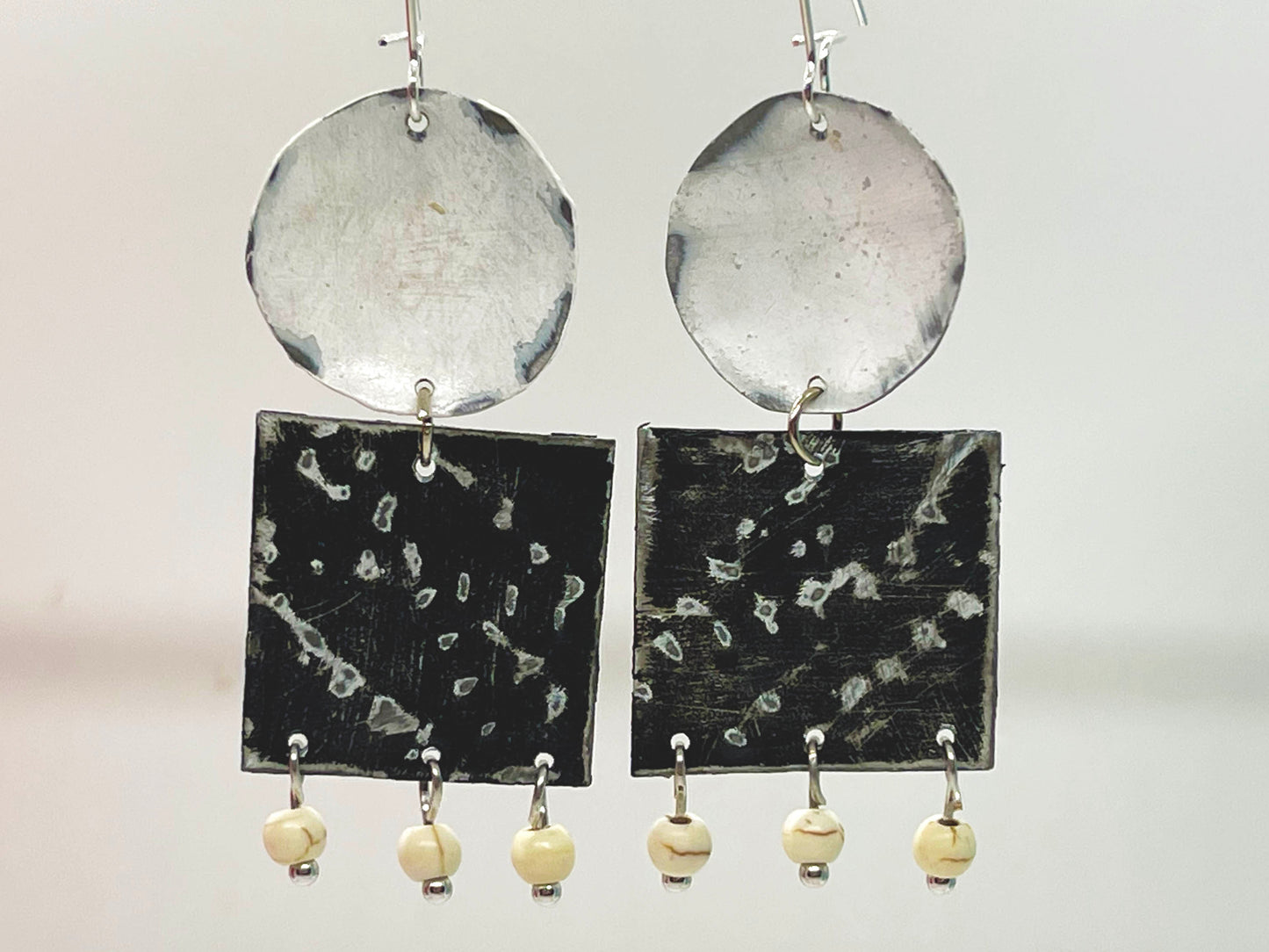 Black & White Circle and Square Dangle Earrings, Recycled Tin, "Opposites Attract"