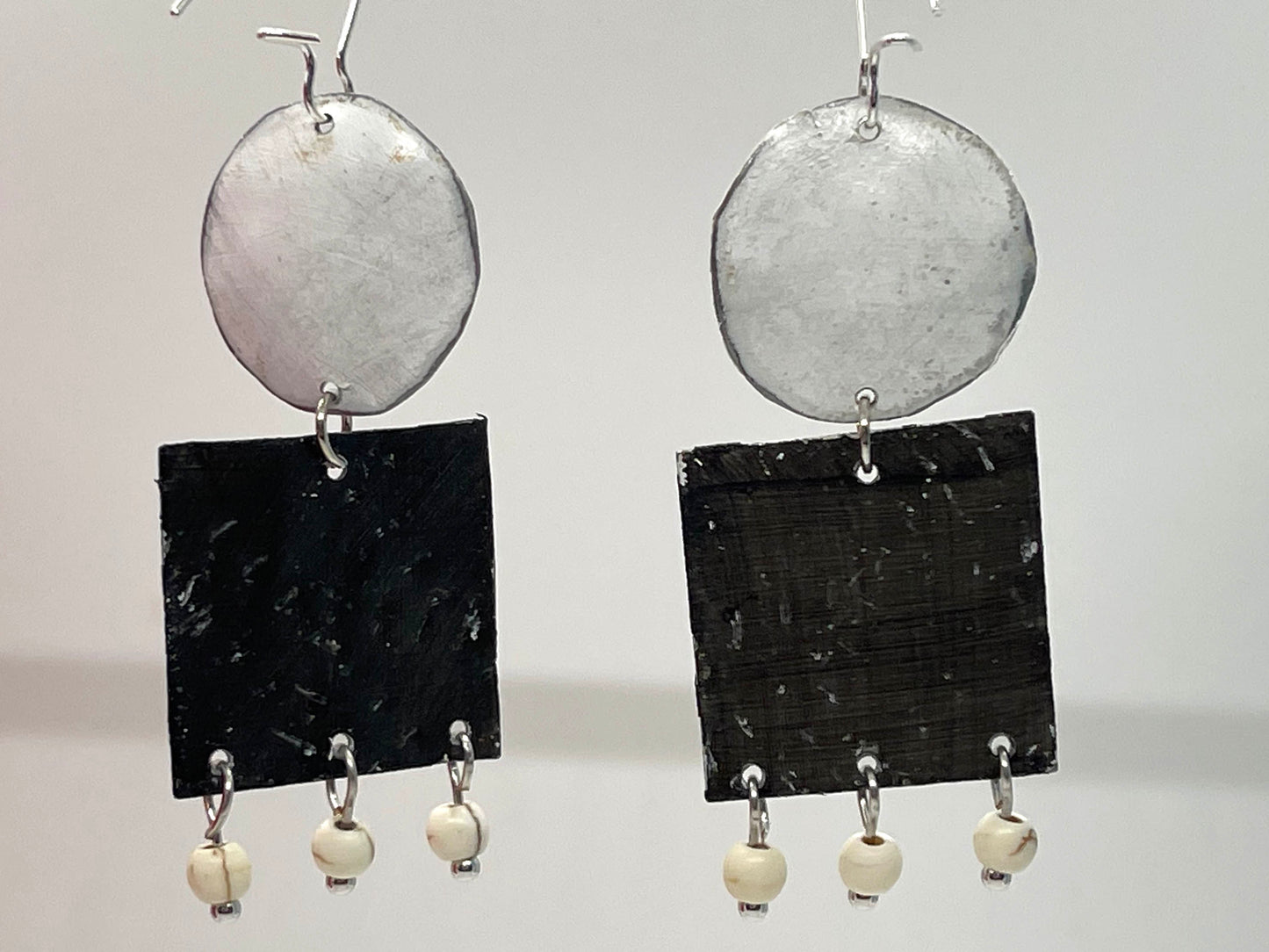 Black & White Circle and Square Dangle Earrings, Recycled Tin, "Opposites Attract"