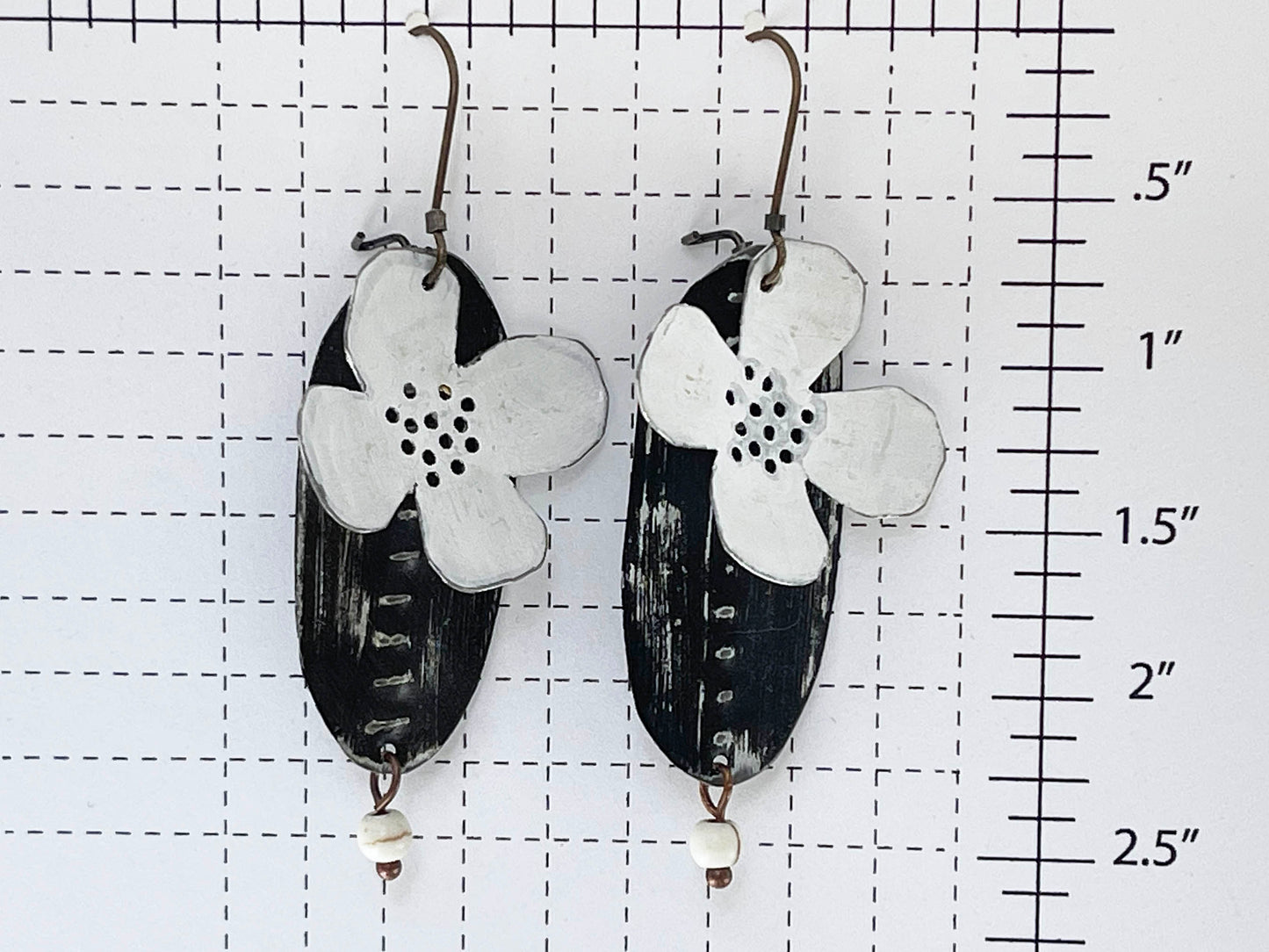Black & White Flower Dangle Earrings, Recycled Tin, "Evening Primrose"