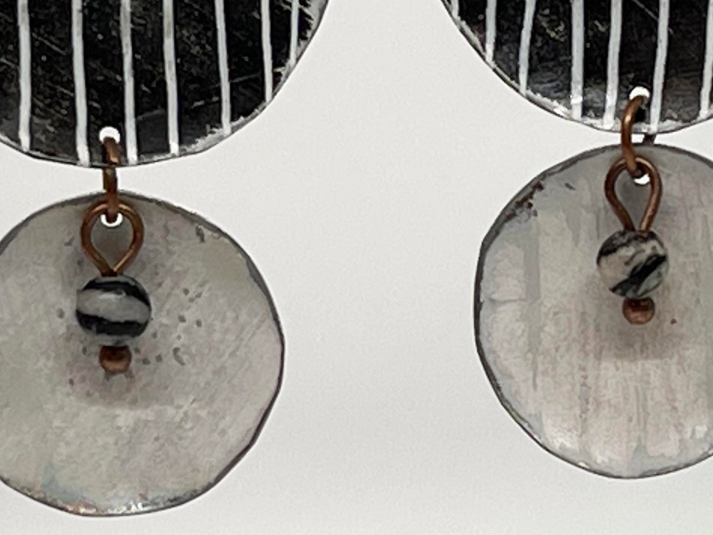 Black & White Cascading Circles Dangle Earrings, Recycled Tin, "Moonlit Night"