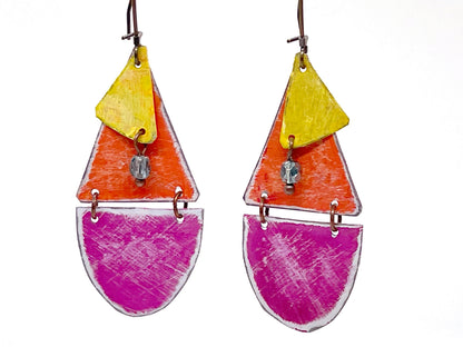 Antiqued Pink & Orange Dangle Earrings, Recycled Tin, "Sunset Cruise"