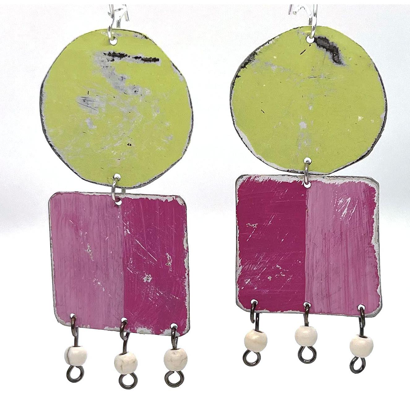 Pink & Green Modern Dangle Recycled Tin Earrings with white howlite beads