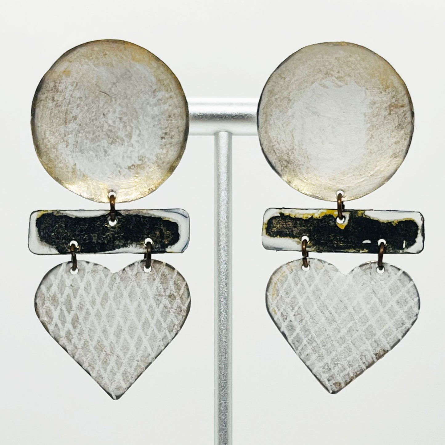 Black & White Heart Shaped Dangle Earrings, Recycled Metal, "Heart's Desire"