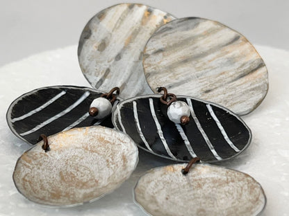 Black & White Cascading Circles Dangle Earrings w/ Posts, Recycled Tin, "Moonlit Night"