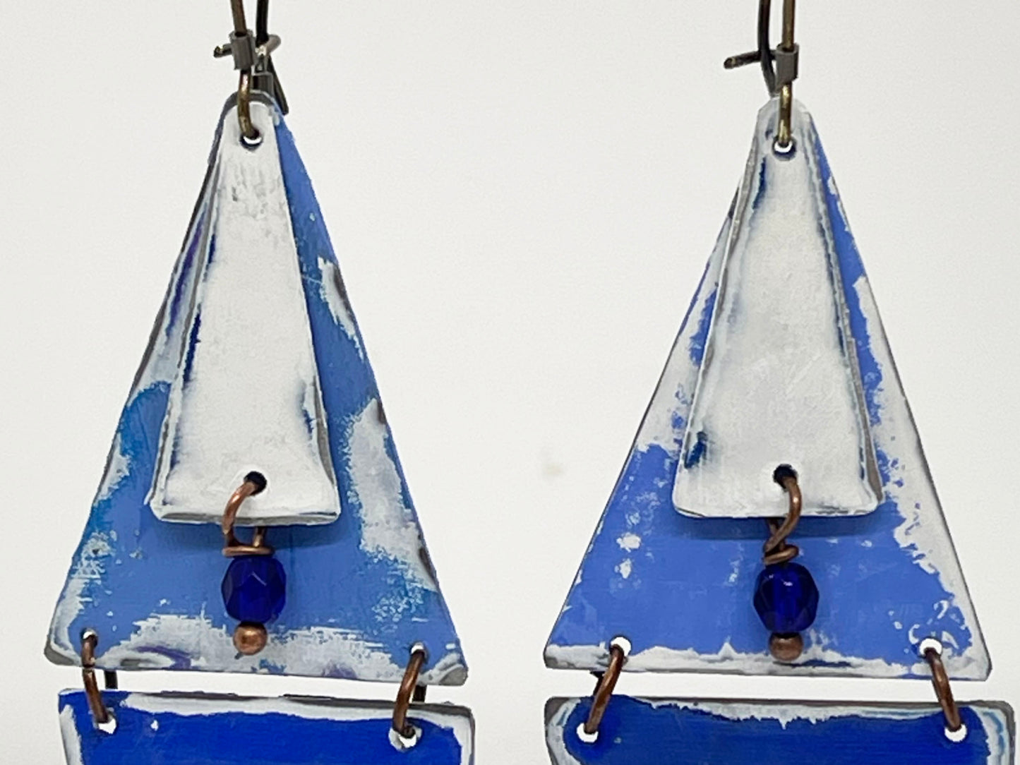 Blue and White Dangle Earrings, Recycled Tin, "Blue On Blue"