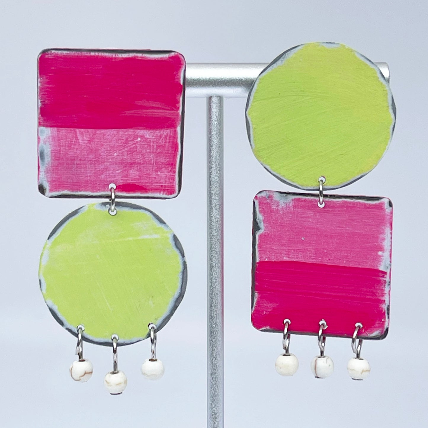 Pink & Green Asymmetric Dangle Earrings, "Making Merry"