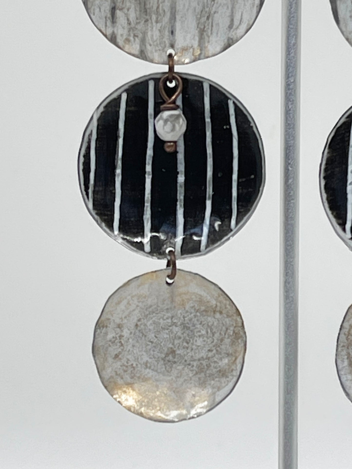 Black & White Cascading Circles Dangle Earrings w/ Posts, Recycled Tin, "Moonlit Night"