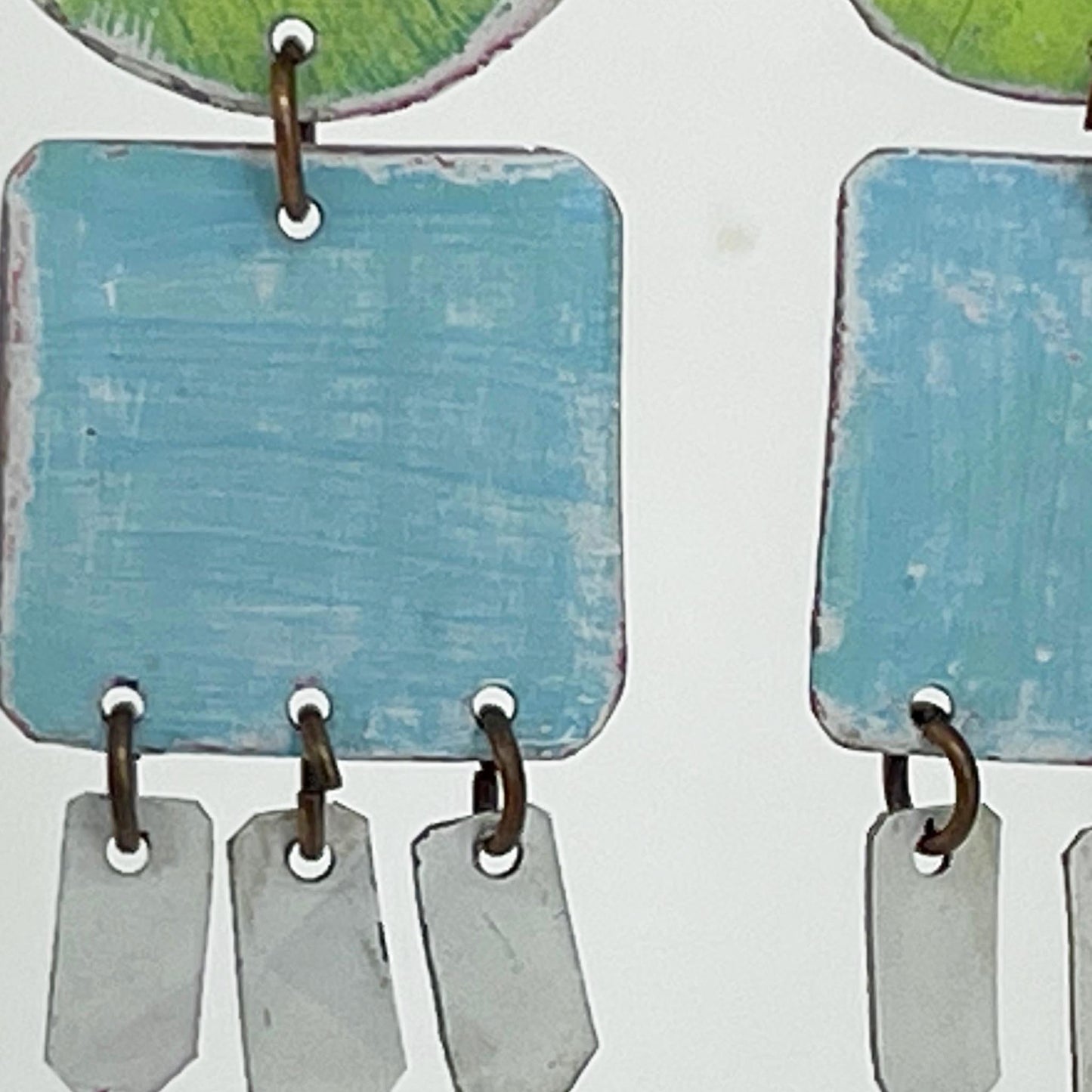 Green and Blue Circle and Square Dangle Earrings, Recycled Tin, "Whisper to Me"
