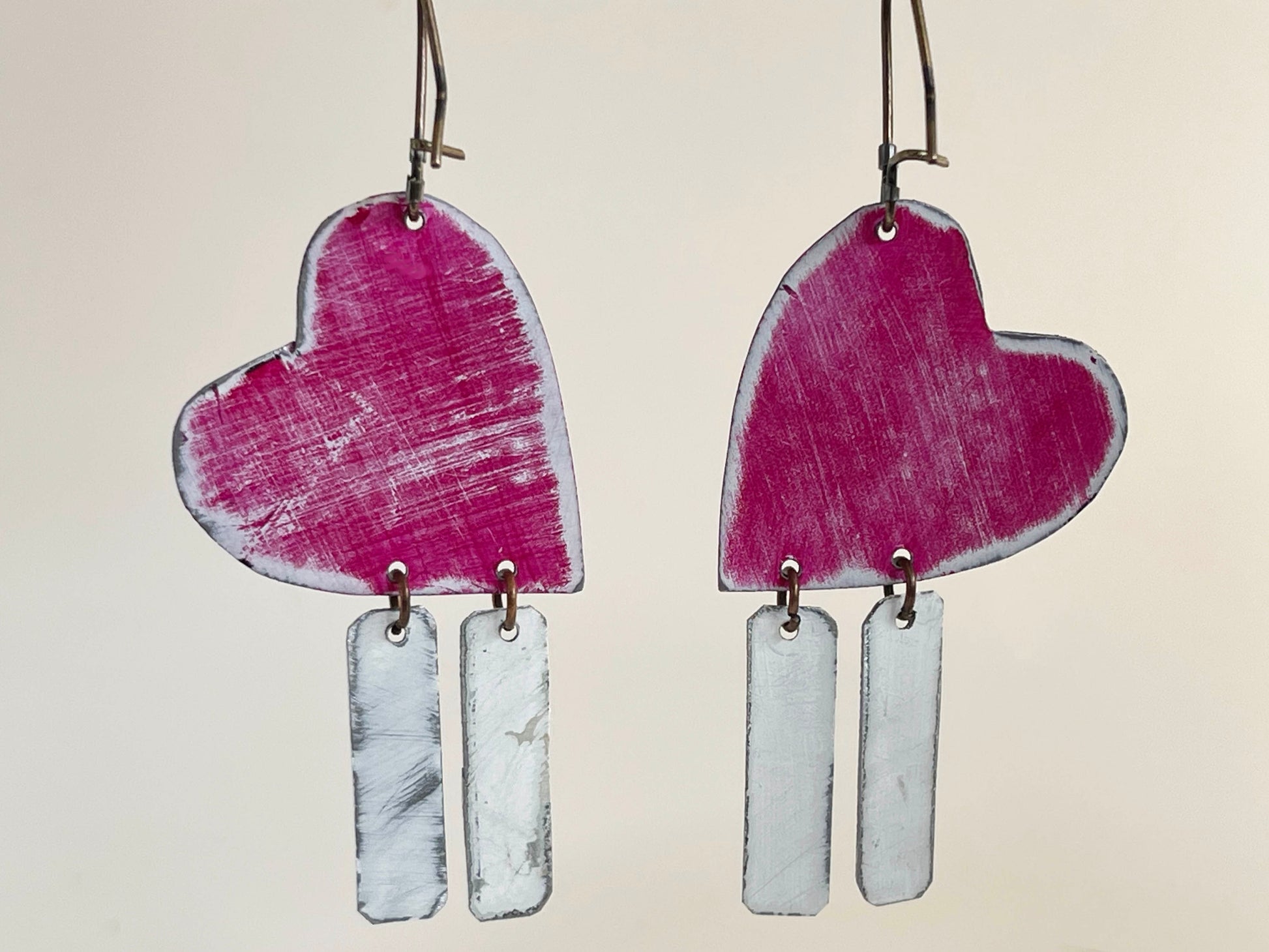 Heart Shaped Dangle Earrings, Recycled Tin, "I Love"