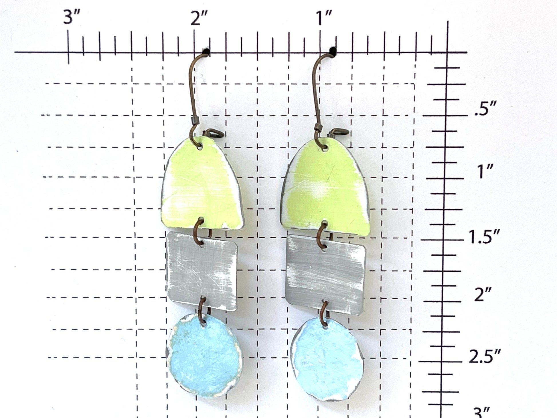 pale blue and gree dangle earrings recycled tin