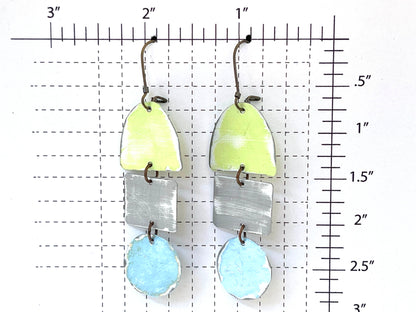 pale blue and gree dangle earrings recycled tin