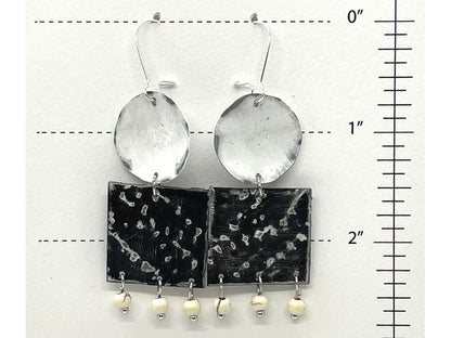 Black & White Circle and Square Dangle Earrings, Recycled Tin, "Opposites Attract"
