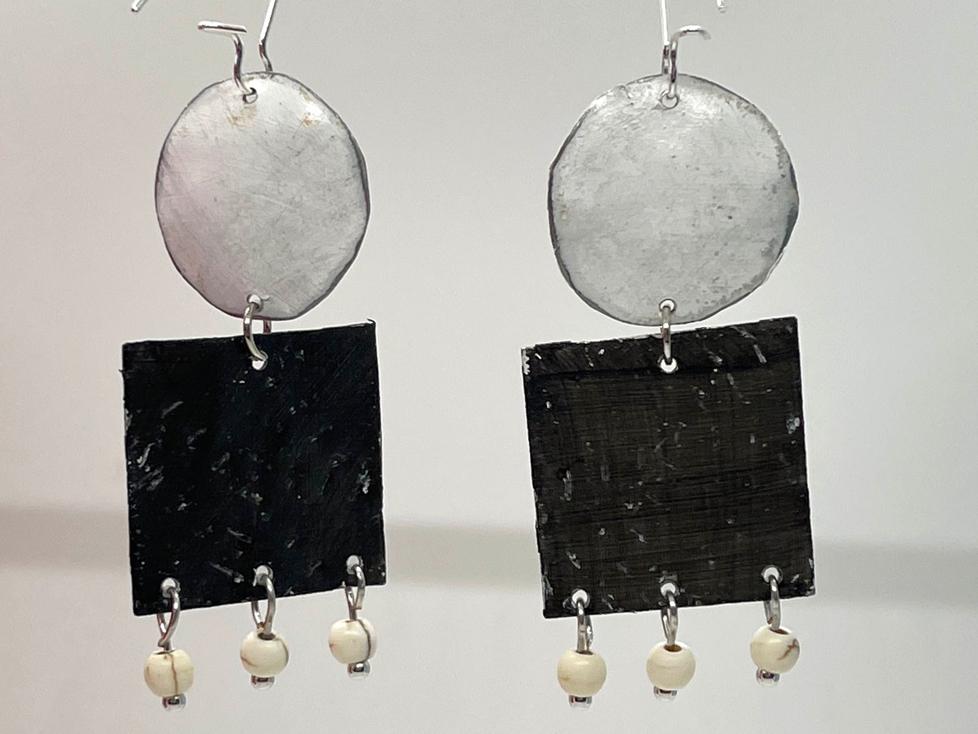 Black & White Circle and Square Dangle Earrings, Recycled Tin, "Opposites Attract"