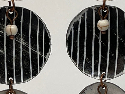 Black & White Cascading Circles Dangle Earrings, Recycled Tin, "Moonlit Night"