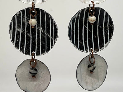 Black & White Cascading Circles Dangle Earrings, Recycled Tin, "Moonlit Night"