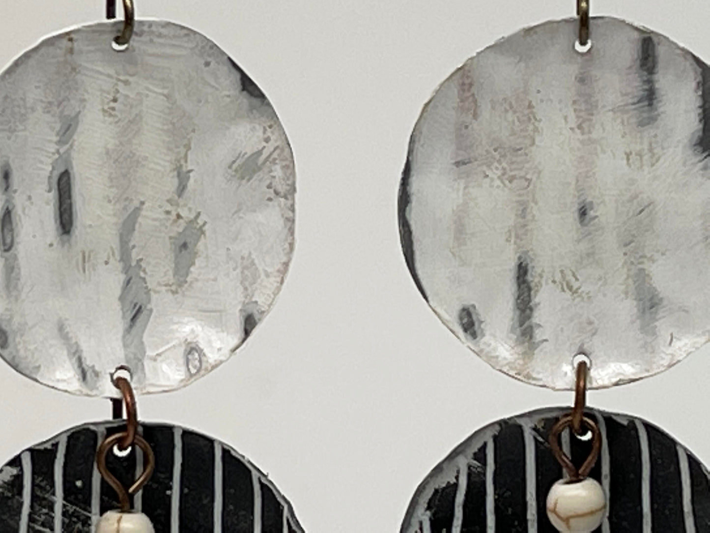 Black & White Cascading Circles Dangle Earrings, Recycled Tin, "Moonlit Night"