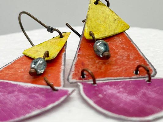 Antiqued Pink & Orange Dangle Earrings, Recycled Tin, "Sunset Cruise"
