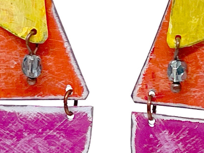 Antiqued Pink & Orange Dangle Earrings, Recycled Tin, "Sunset Cruise"
